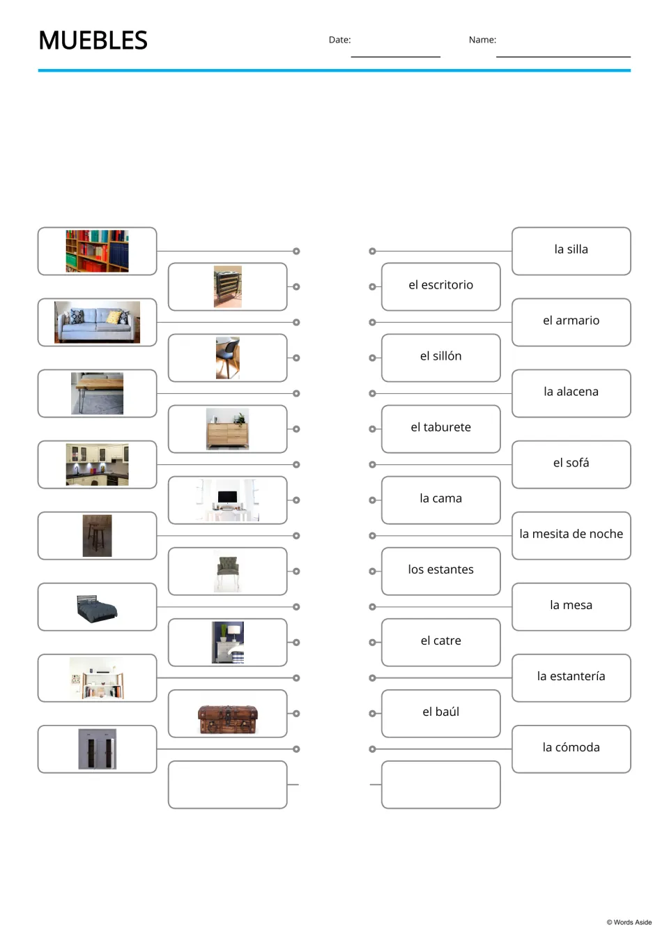 Spanish furniture matching activity pairing 15 photos with terms such as el sofá (sofa) and la mesa (table)