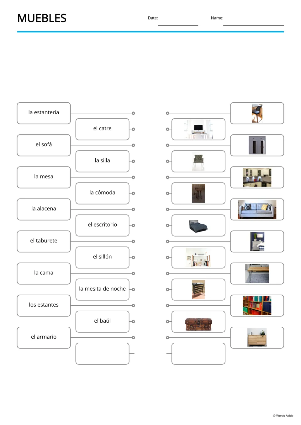 Spanish furniture word-to-picture matching for 15 terms, including el catre (cot) and el armario (wardrobe)