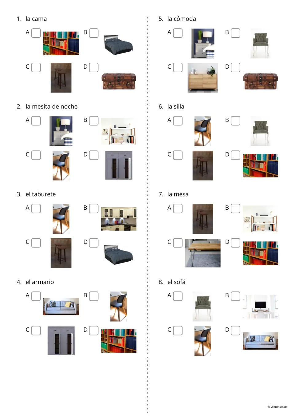 Spanish furniture quiz items 1–8: choose photos for terms including la cama (bed) and la cómoda (dresser)