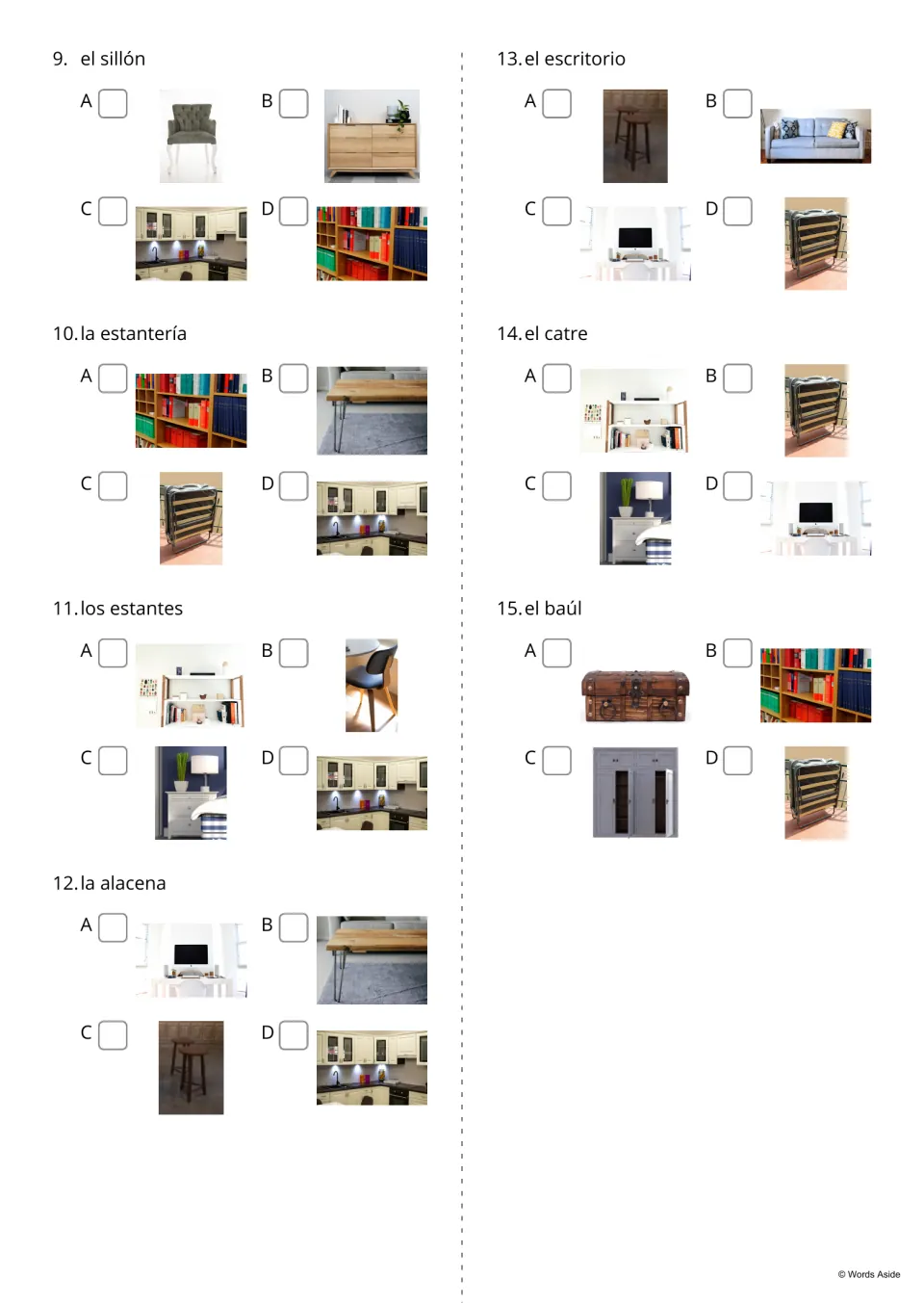 Spanish furniture quiz items 9–15: choose photos for terms including el escritorio (desk) and el baúl (trunk)