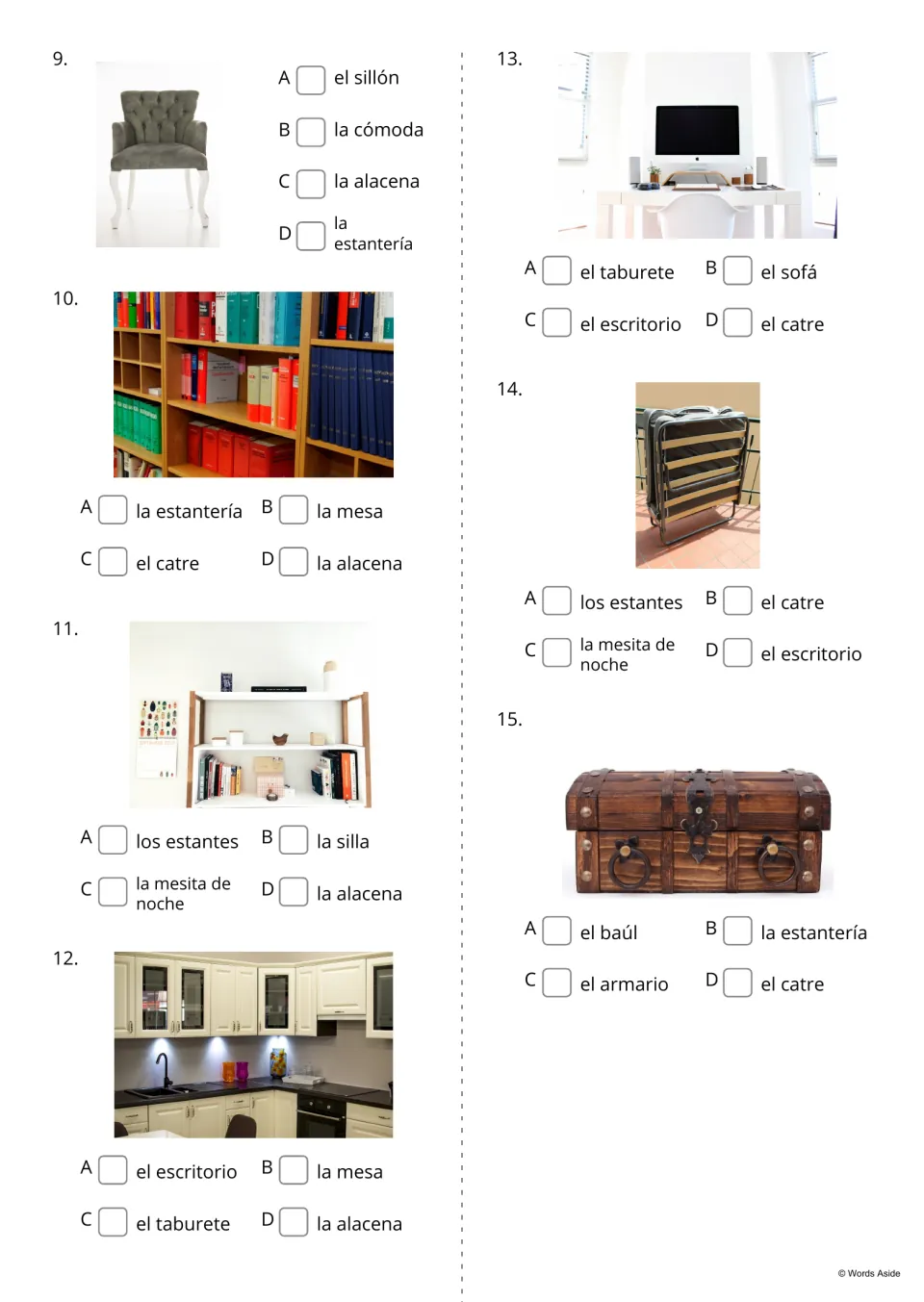 Spanish furniture quiz items 9–15: name pictured items, including el sillón (armchair) and la alacena (cupboard)
