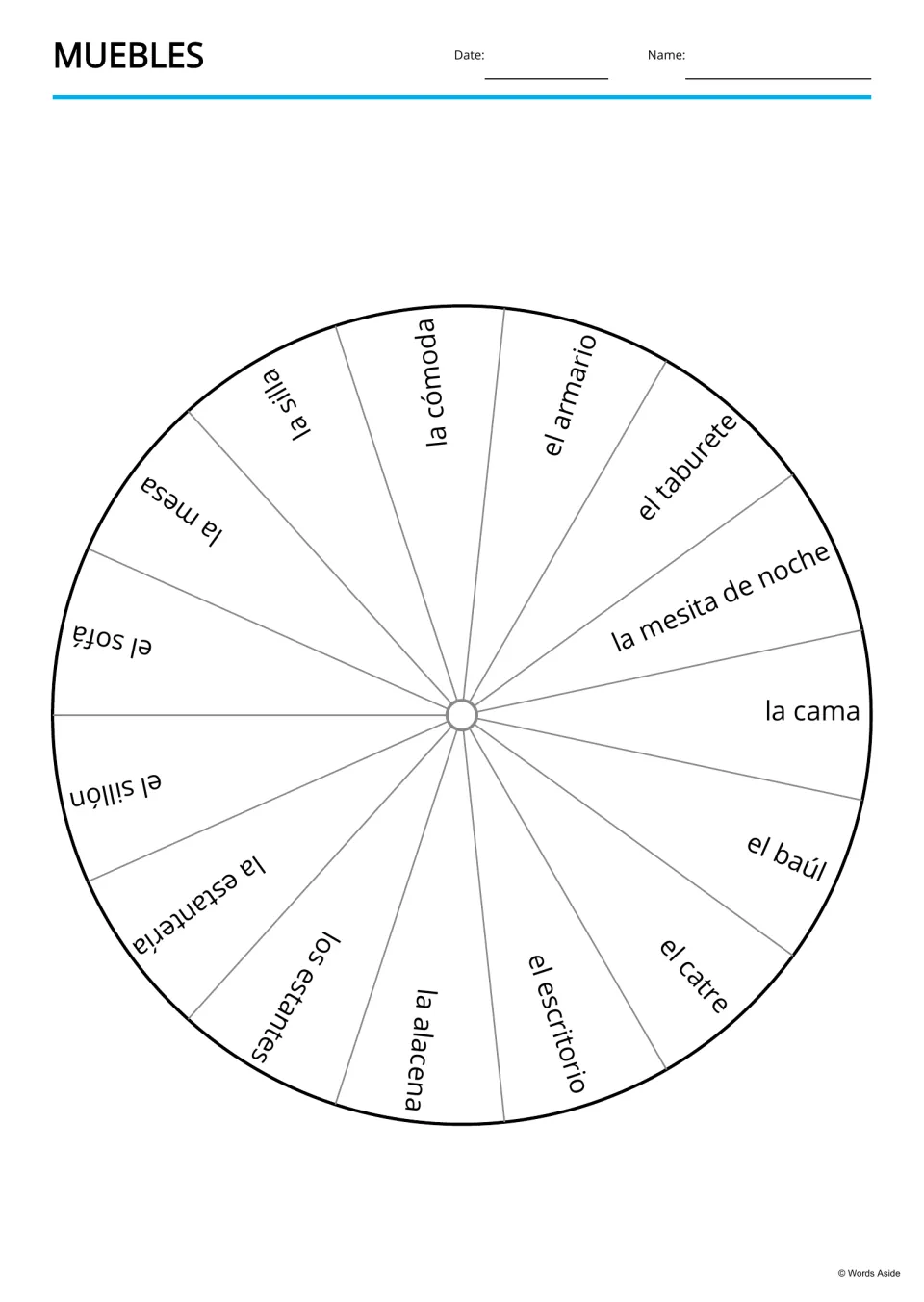 Spanish furniture word wheel featuring all 15 terms, including la cama (bed) and la estantería (bookcase)