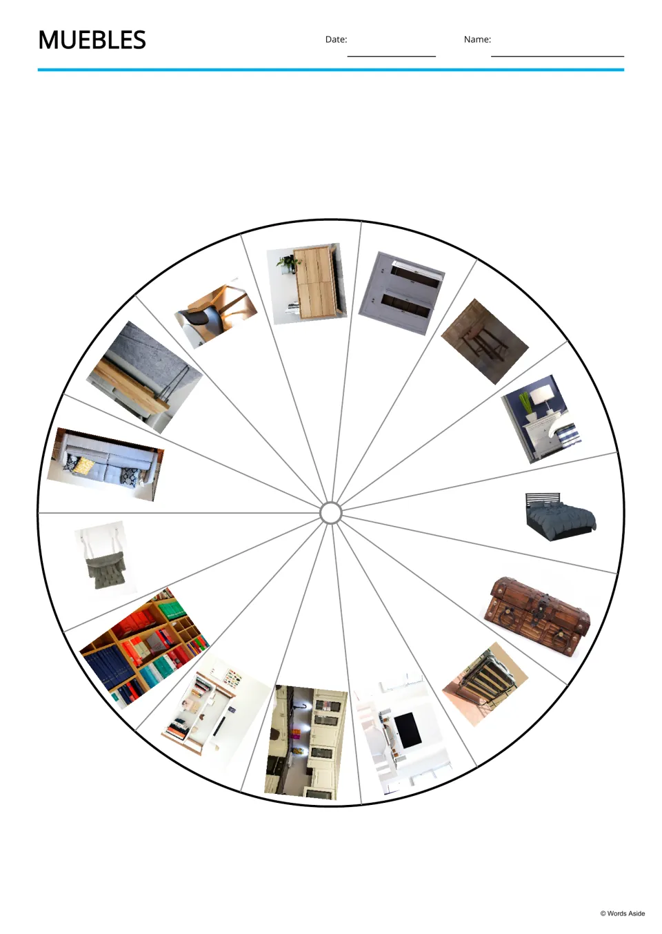 Picture wheel for the Spanish furniture vocabulary set, showing 15 items including a bed, dresser, and cot