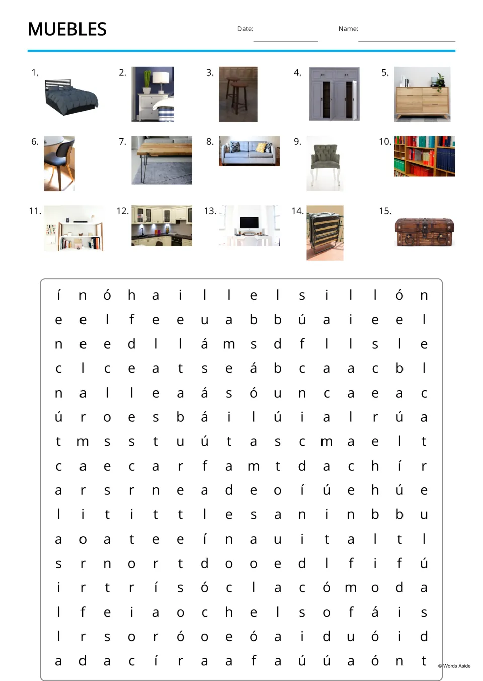 Spanish furniture word search using 15 numbered photo clues, including a bed, nightstand, stool, and wardrobe