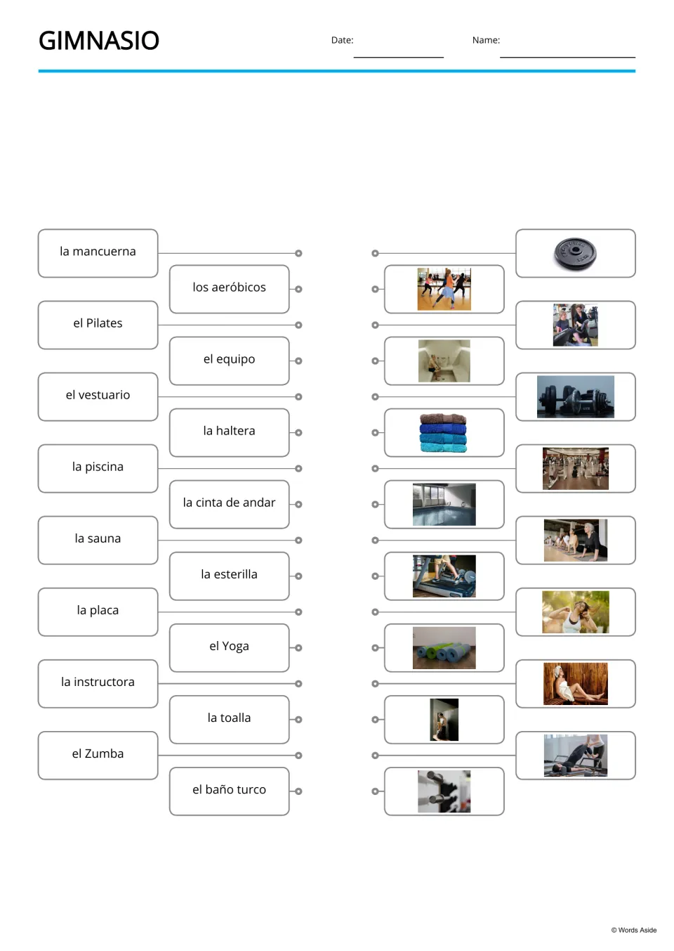 Spanish gym word-to-picture matching for 16 terms, including la mancuerna (dumbbell) and el equipo (equipment)