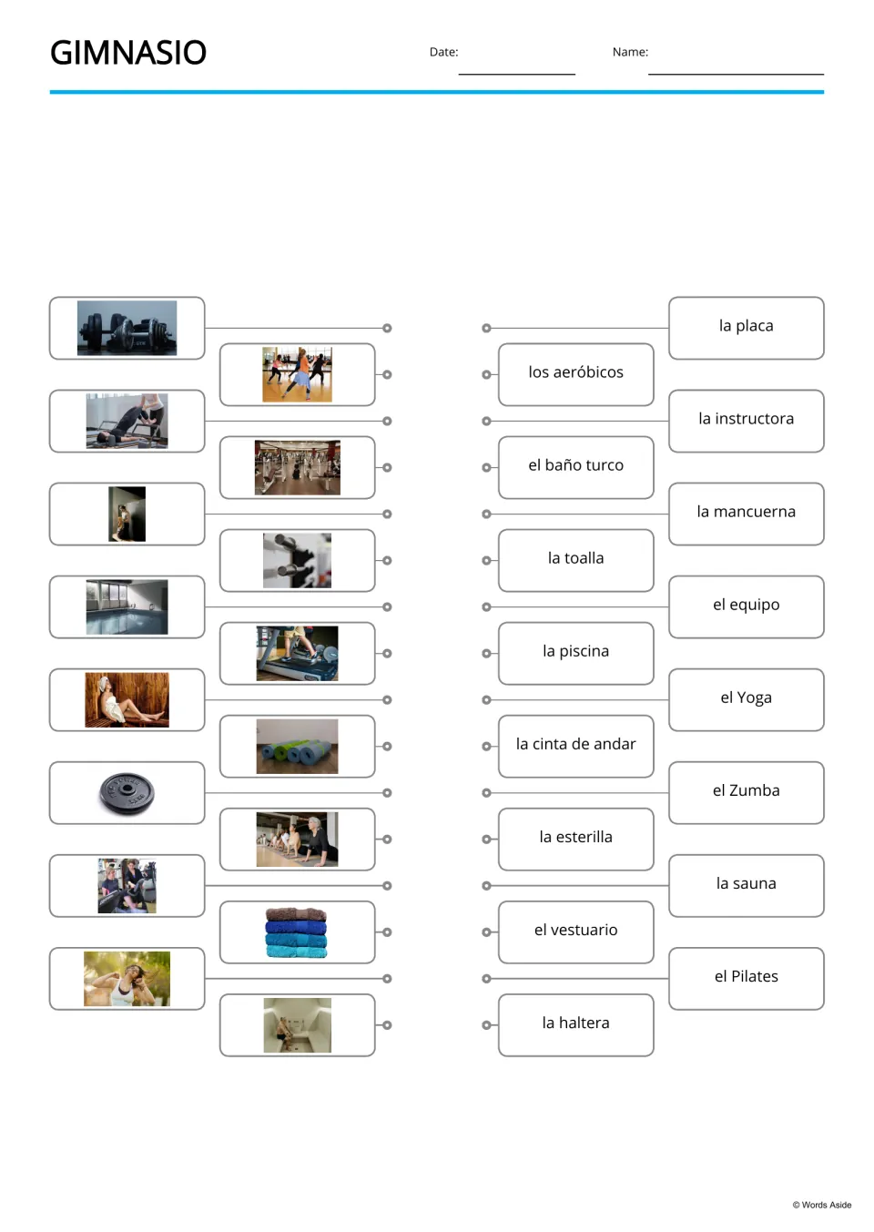 Spanish gym picture-to-word matching for 16 terms, including la sauna (sauna) and el vestuario (locker room)