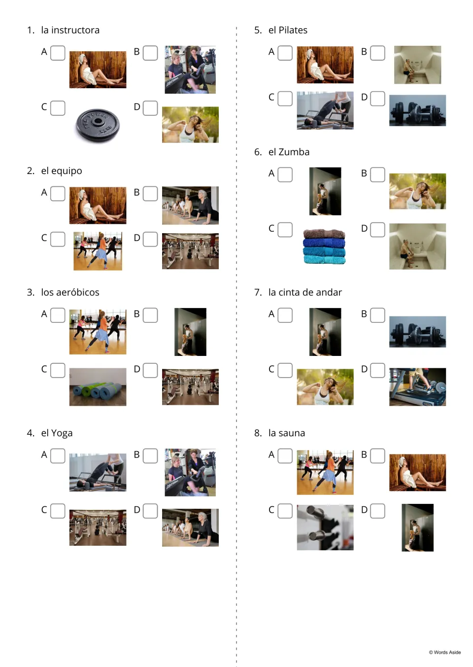 Spanish gym quiz questions 1–8: choose photos for terms including la instructora (instructor) and el Yoga (yoga)