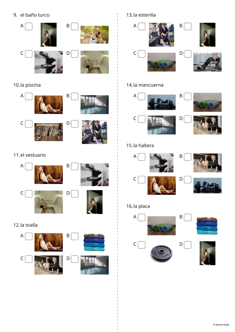 Spanish gym quiz questions 9–16: choose photos for terms including la toalla (towel) and la esterilla (mat)