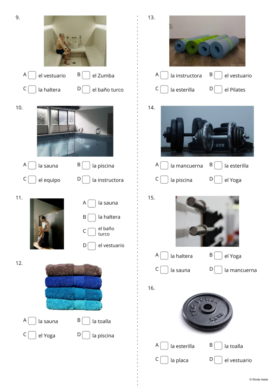 Spanish gym quiz questions 9–16: name pictured items and places, including la piscina (pool) and la placa (plate)