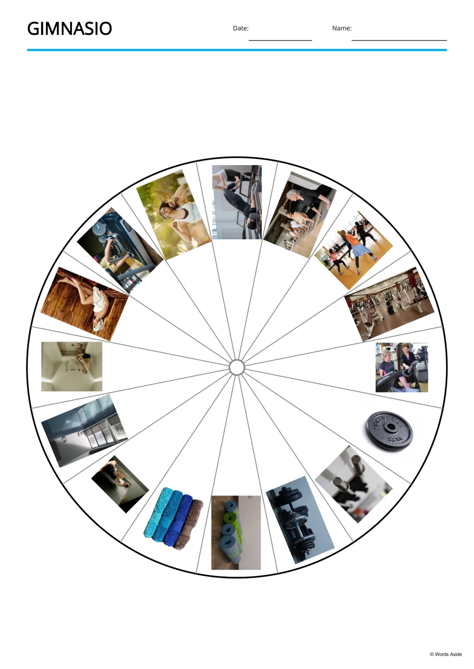 Spanish gym vocabulary picture wheel with 16 photos, including a treadmill, towels, dumbbells, and a pool