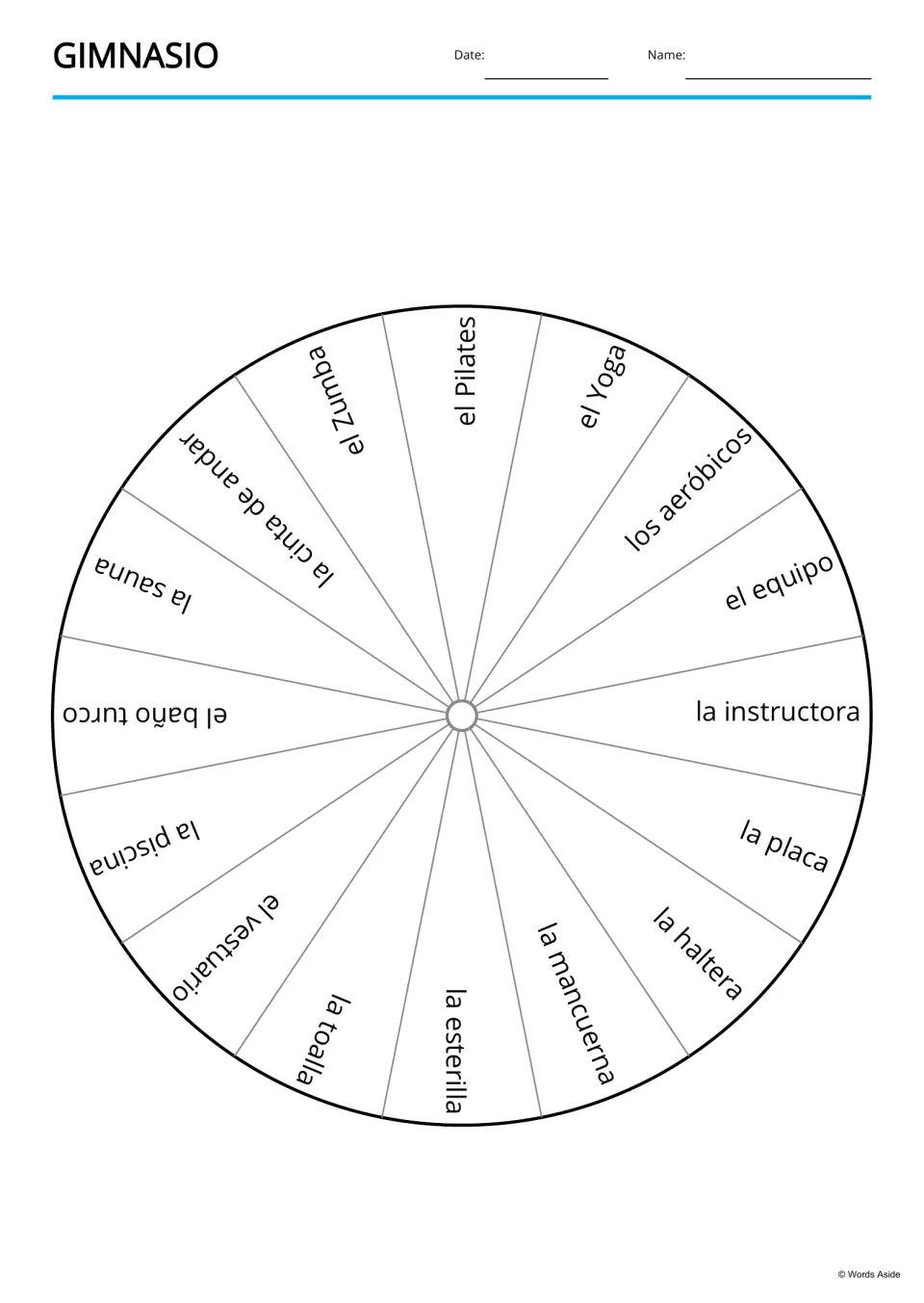 Spanish gym vocabulary word wheel with 16 terms, including la instructora (instructor) and la esterilla (mat)
