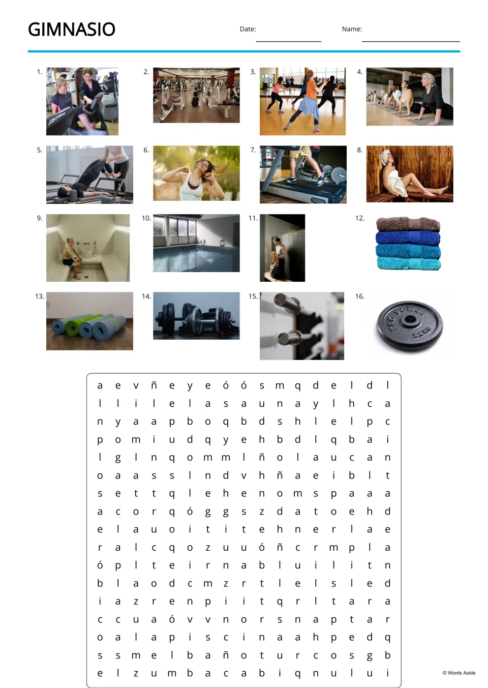 Spanish gym vocabulary word search with 16 photo clues, including la piscina (pool) and la toalla (towel)