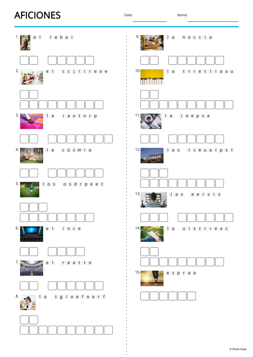 Spanish hobbies anagrams for 15 photo clues, including el baile (dance), la música (music), and el cine (cinema)