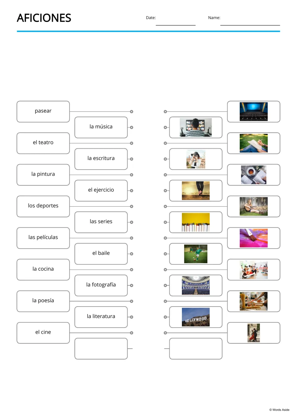 Spanish hobbies word-to-picture matching for 15 terms, including pasear (walking) and la pintura (painting)