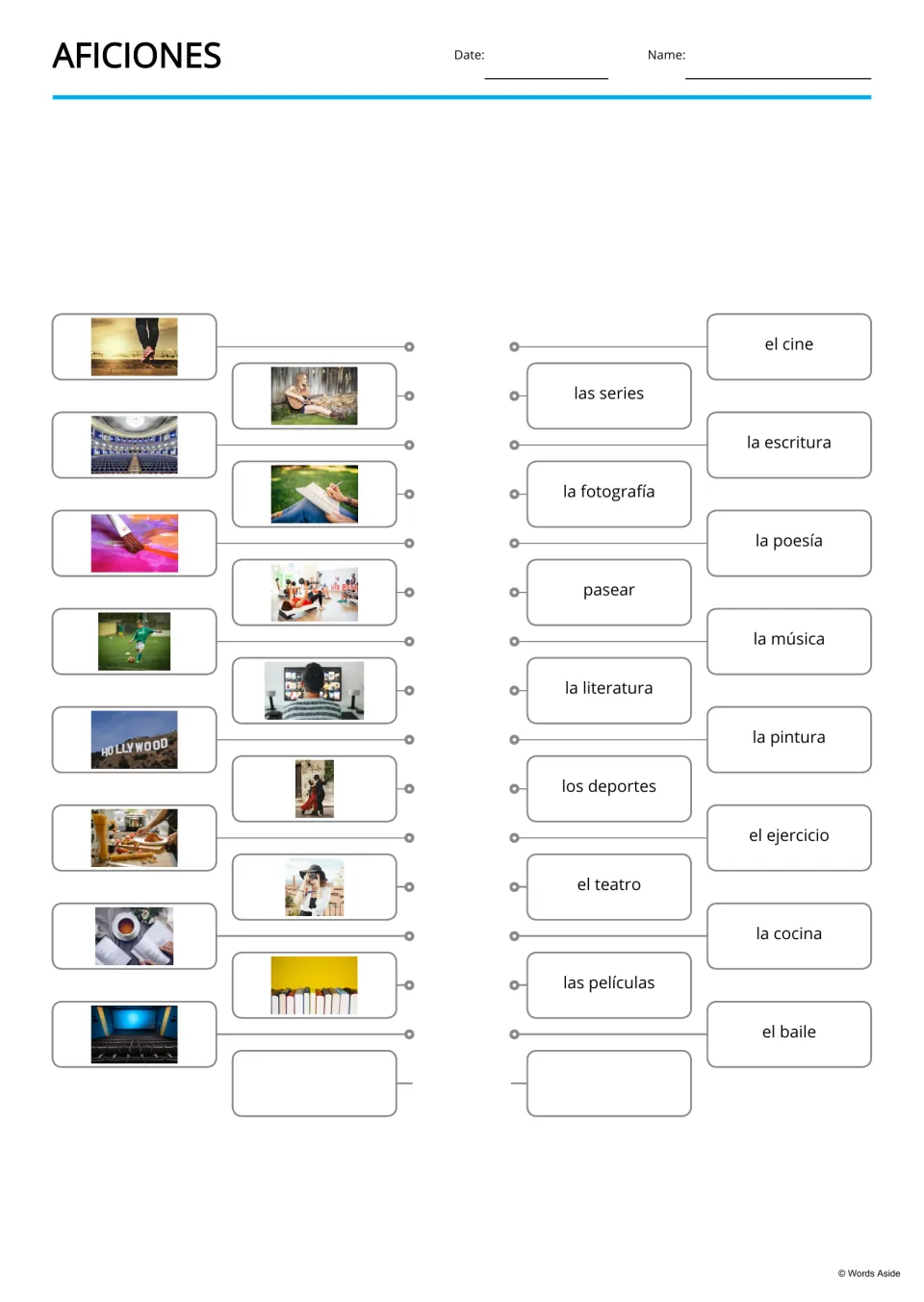 Spanish hobbies picture-to-word matching for 15 terms, including la cocina (cooking) and el teatro (theater)
