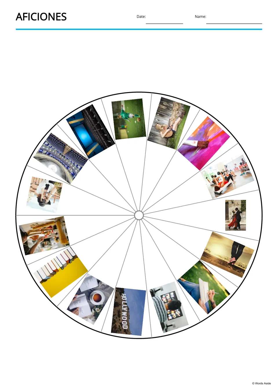 Spanish hobbies picture wheel with 15 photo prompts, including sports, music, painting, dance, and cooking