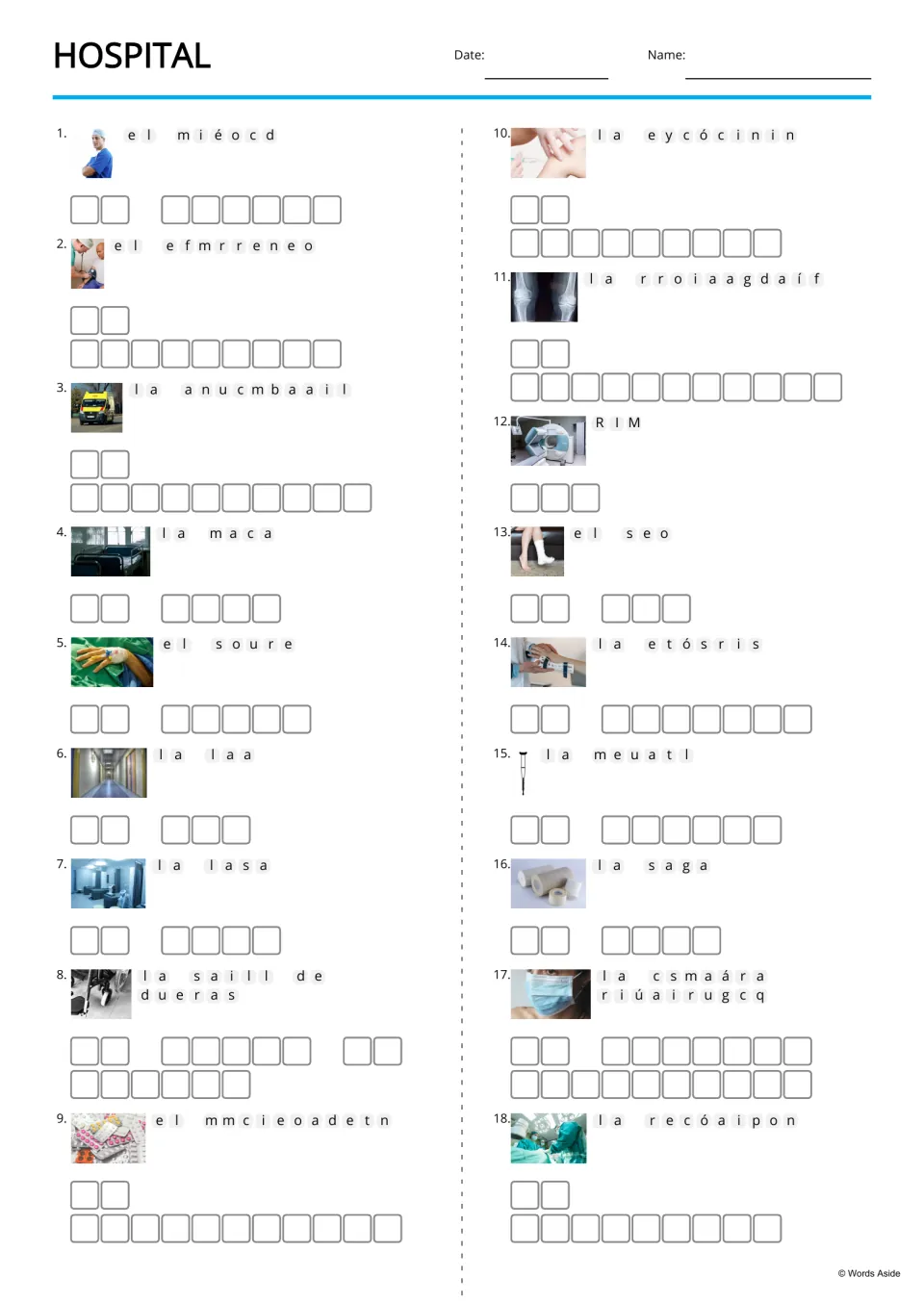 Spanish hospital anagram practice for 18 pictured terms, including médico (doctor) and cama (bed)