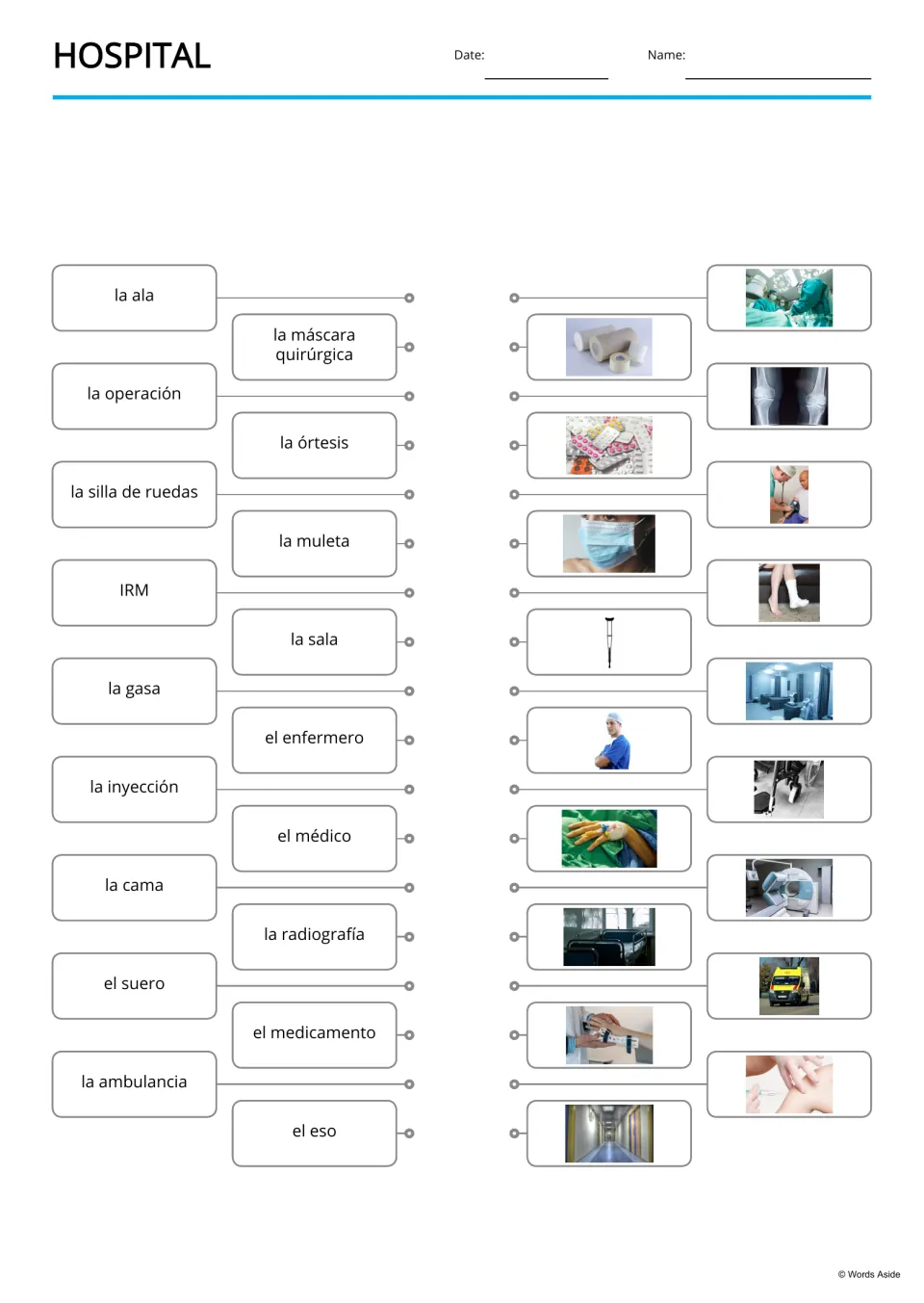 Spanish hospital word-to-picture matching for 18 terms, including la muleta (crutch) and la gasa (gauze)