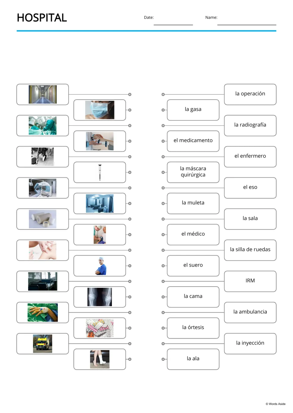 Spanish hospital picture-to-word matching for 18 terms, including la cama (bed) and la operación (operation)