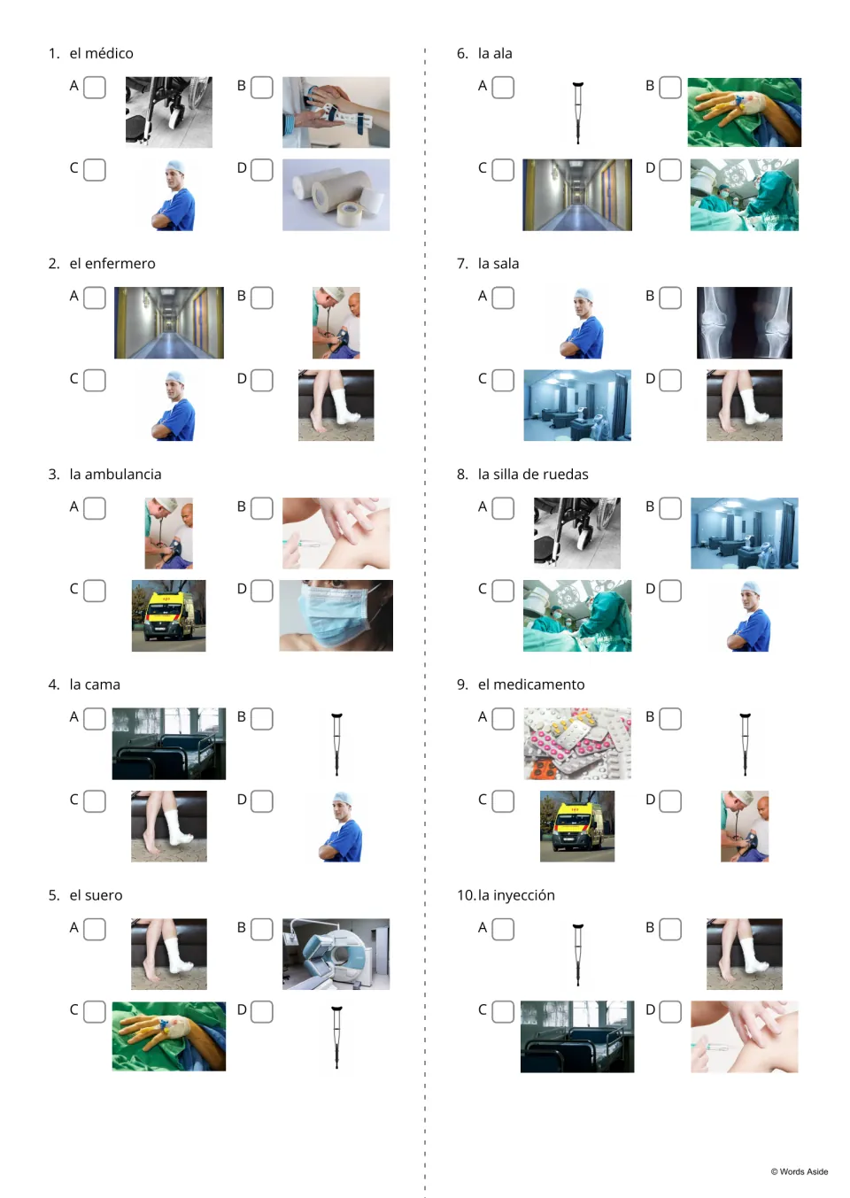 Spanish hospital quiz items 1–10 ask students to select photos for terms such as el médico (doctor)