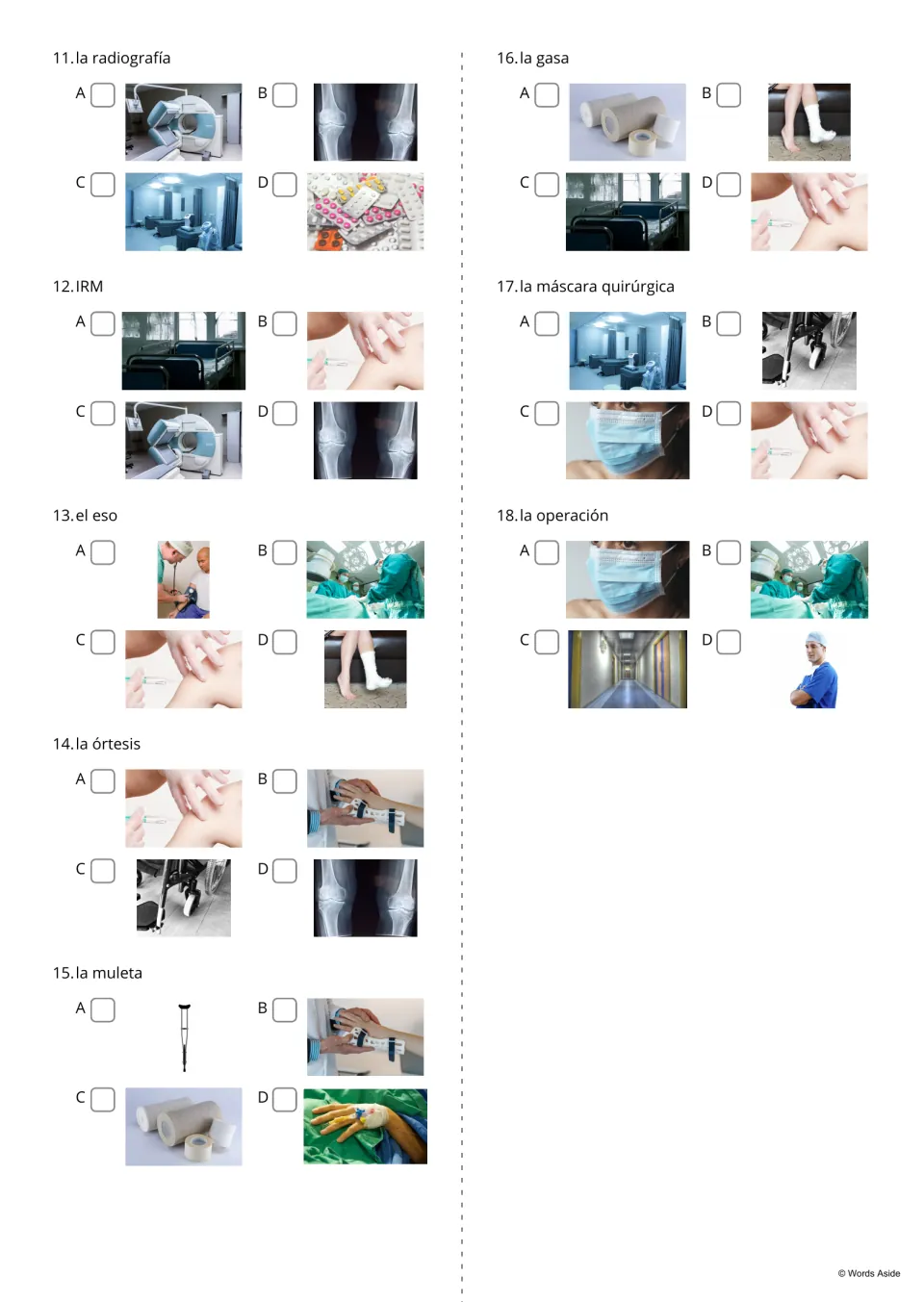 Spanish hospital quiz items 11–18 offer photo choices for radiografía (X-ray), IRM (MRI) and six more terms