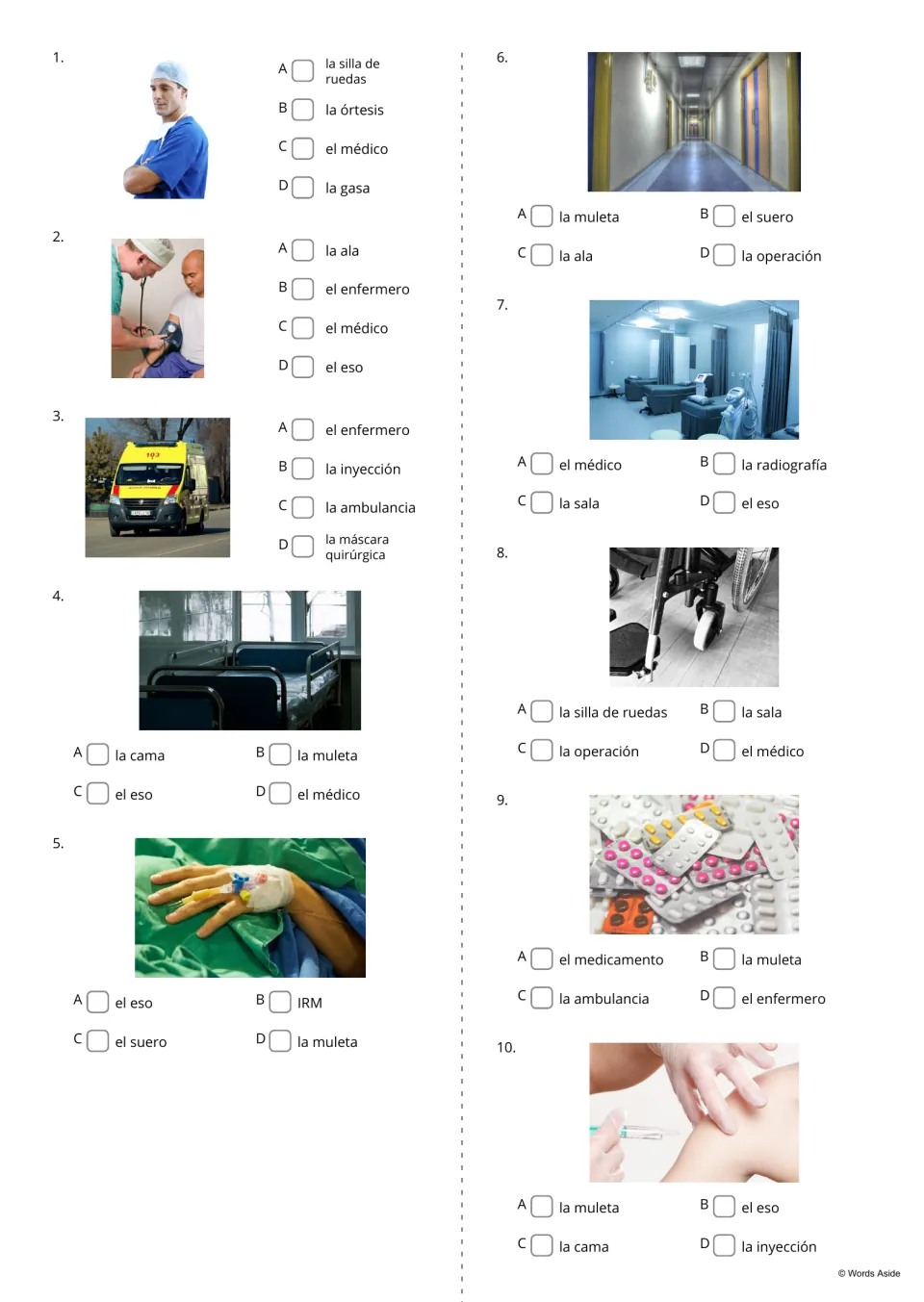 Spanish hospital quiz items 1–10 pair photos of a doctor, nurse, ambulance and more with word choices