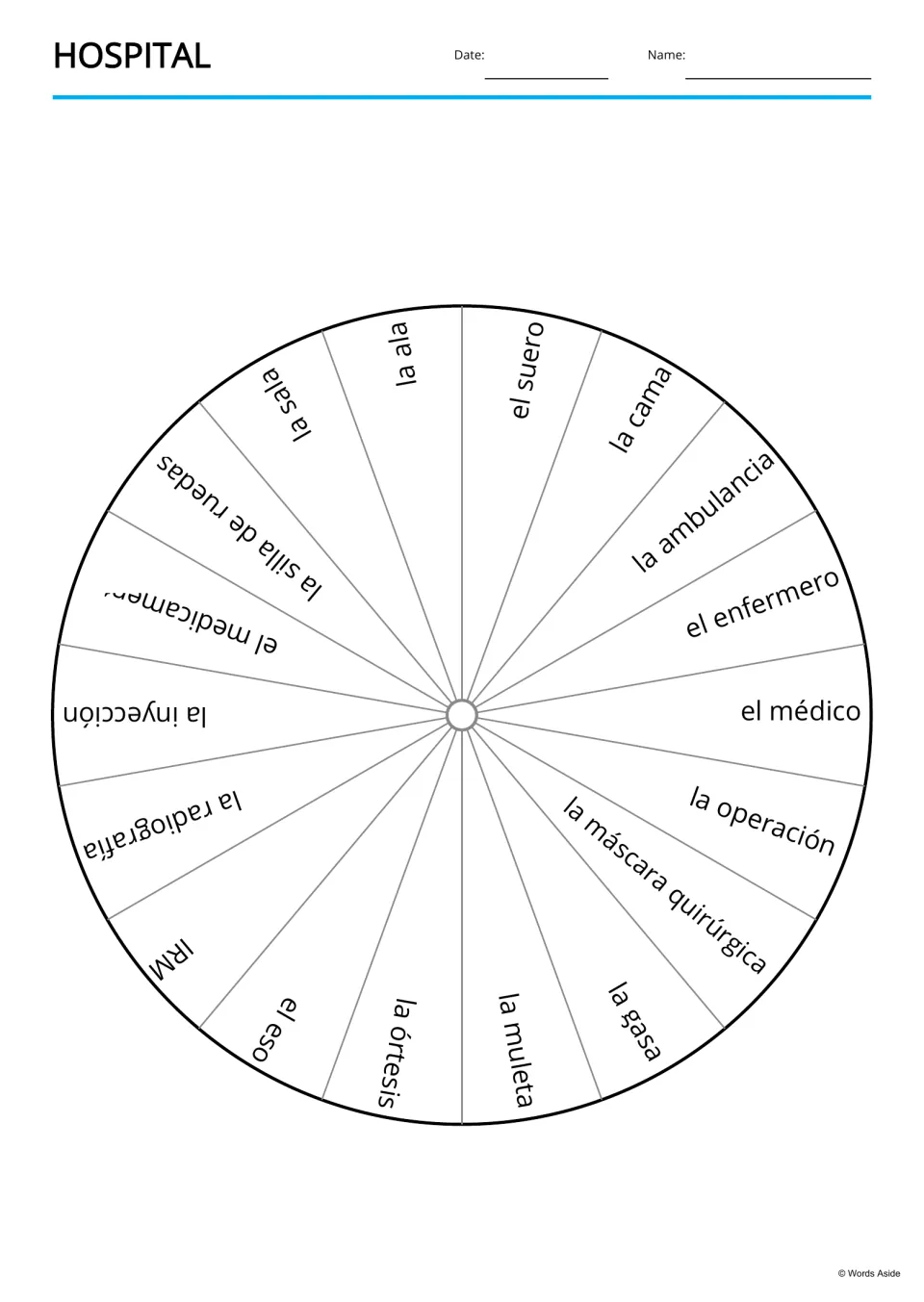 Spanish hospital vocabulary word wheel with 18 labels, including el suero (IV fluid) and la cama (bed)