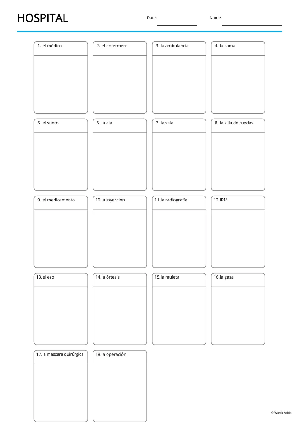Spanish hospital writing board with 18 numbered labels, including el médico (doctor) and la muleta (crutch)