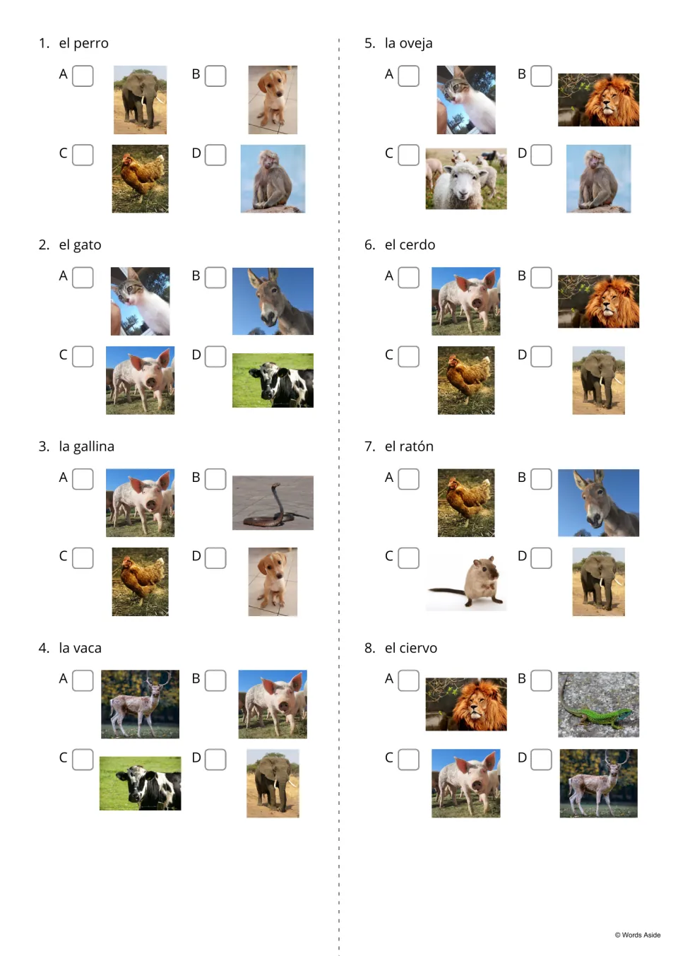 Spanish animal picture-choice quiz, items 1–8: dog, cat, hen, cow, sheep, pig, mouse and deer vocabulary