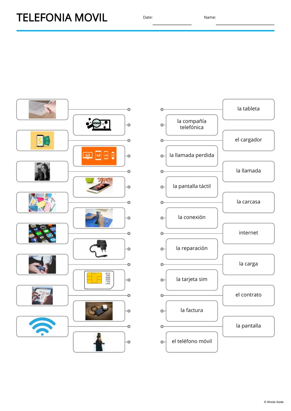 Spanish picture-to-word matching for 16 mobile phone terms, including el cargador (charger) and la carga (charging)