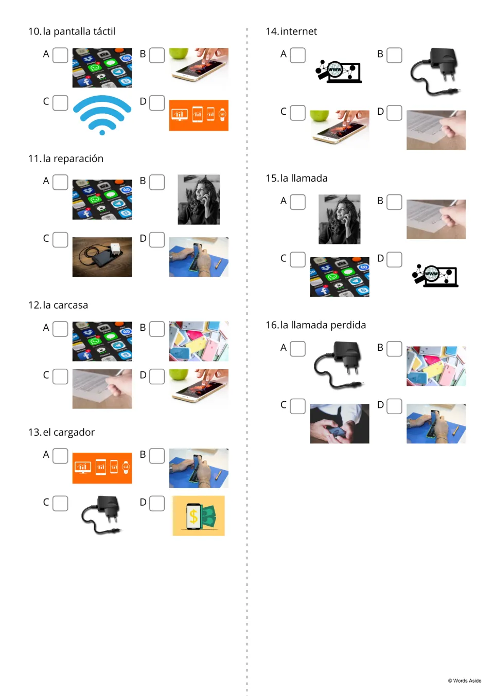 Spanish word quiz, items 10–16: select pictures for terms including la llamada perdida (missed call)