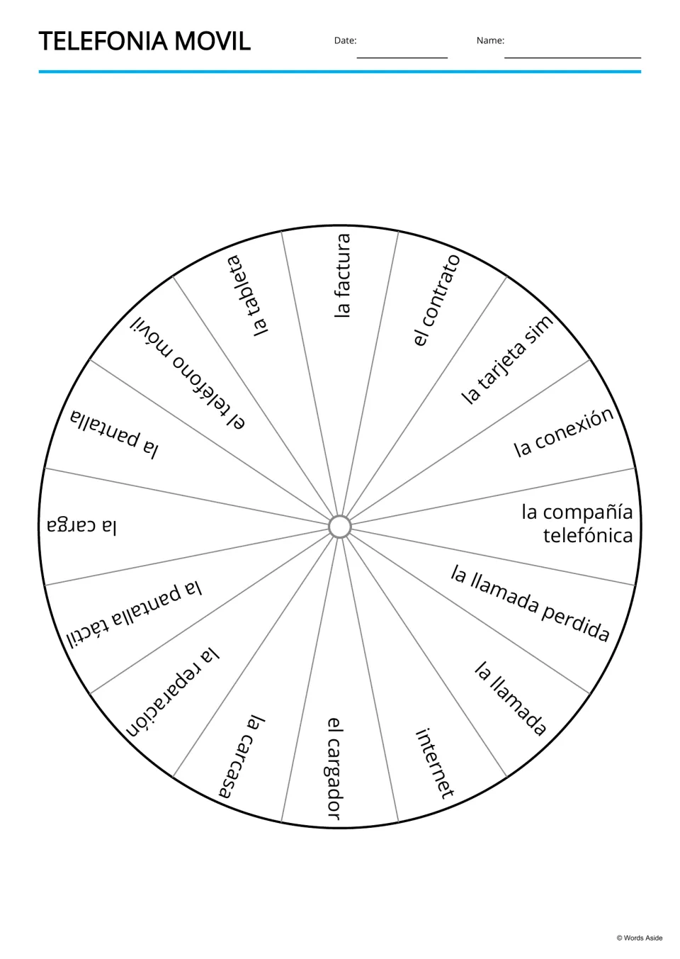 Spanish vocabulary word wheel with 16 mobile phone terms, including la llamada (call) and el cargador (charger)