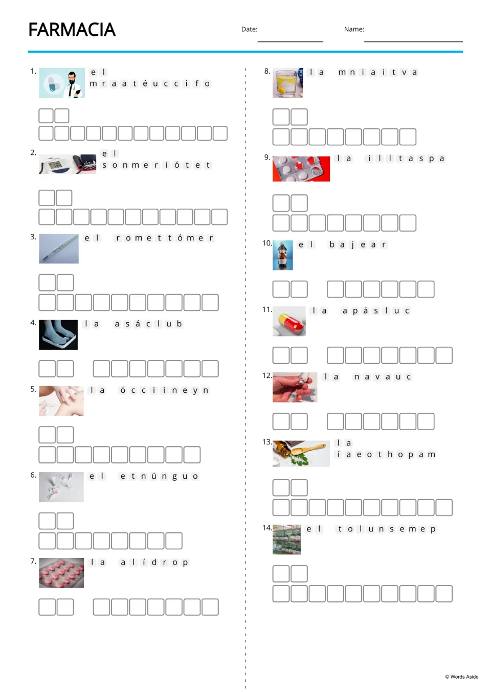 Spanish pharmacy anagrams for 14 pictured terms, including farmacéutico (pharmacist) and jarabe (syrup)