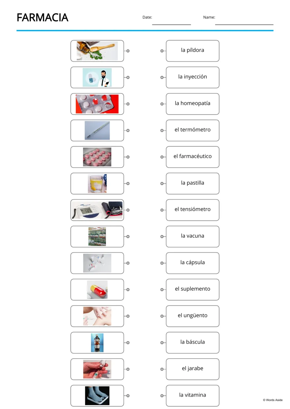 Spanish pharmacy picture-to-word matching for 14 terms, including píldora (pill) and vacuna (vaccine)