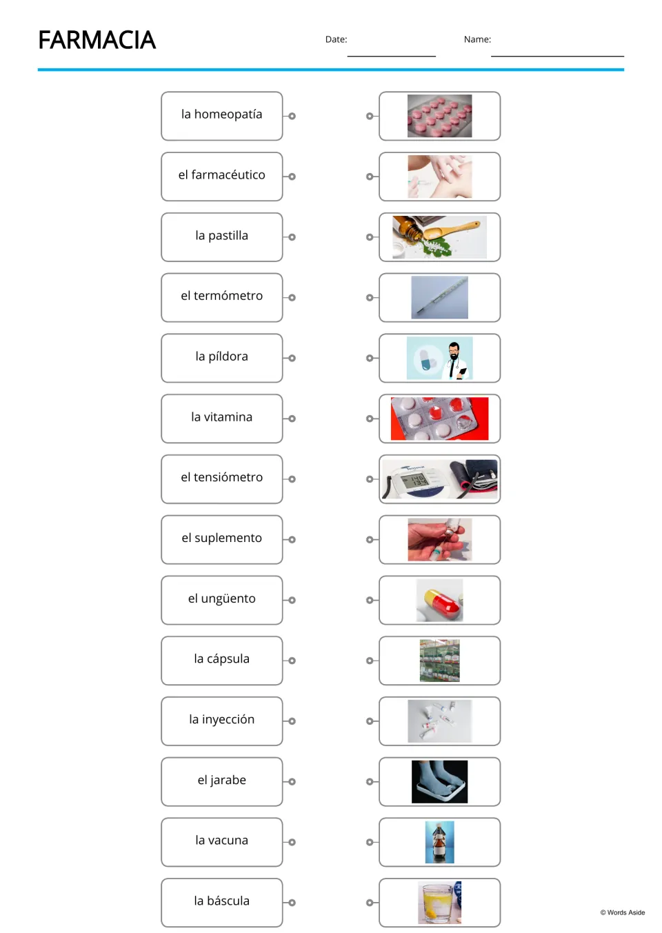Spanish pharmacy word-to-picture matching for 14 terms, including termómetro (thermometer) and 13 more