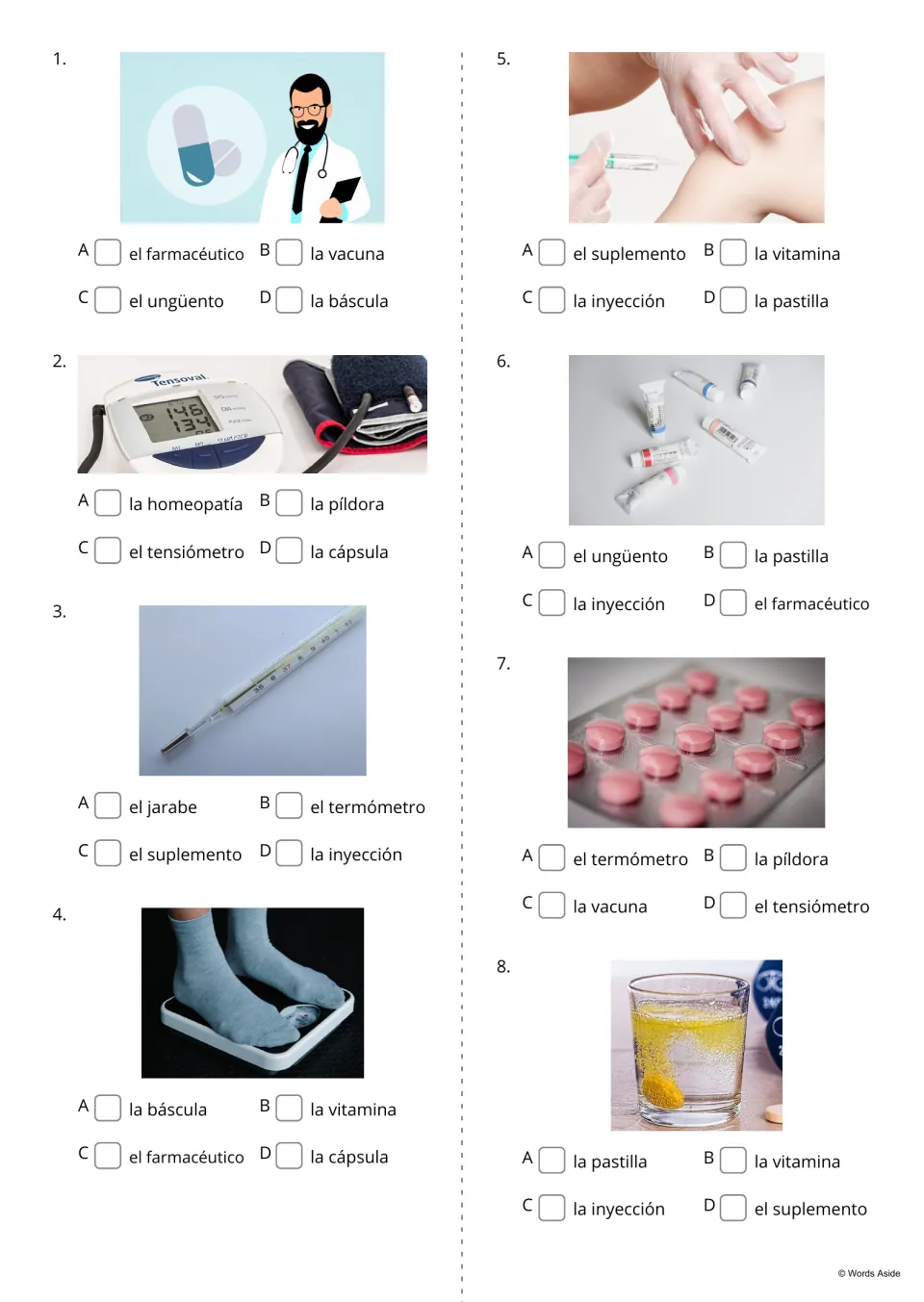 Spanish pharmacy word-choice quiz, questions 1–8, with pictures of a pharmacist, thermometer, and six more
