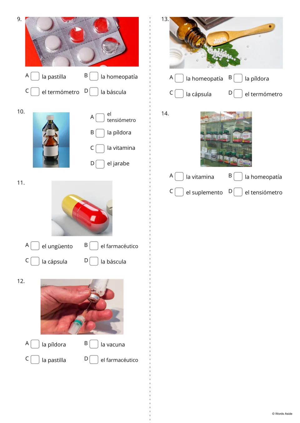 Spanish pharmacy word-choice quiz, questions 9–14: tablet, syrup, capsule, vaccine, homeopathy, supplement