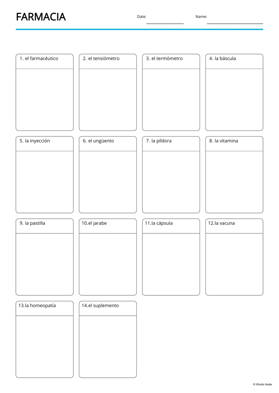 Spanish pharmacy blank writing board for 14 labeled terms, from farmacéutico (pharmacist) to suplemento