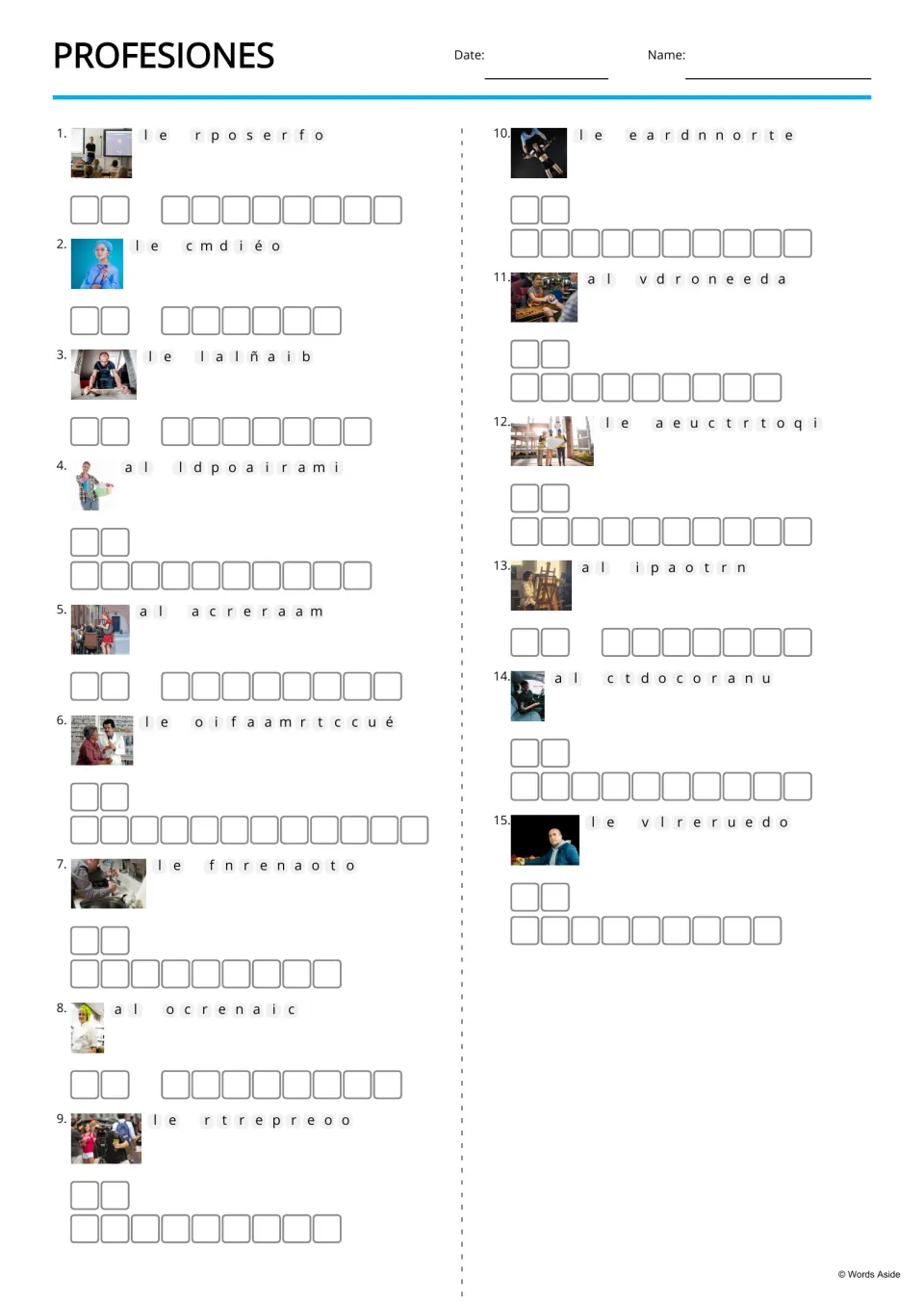 Spanish professions anagrams for 15 photo clues, including el profesor (teacher) and el médico (doctor)