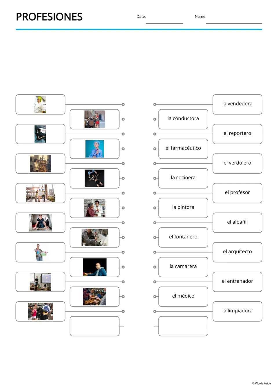 Spanish professions picture-to-word matching for 15 jobs, including la cocinera (cook) and la pintora (painter)