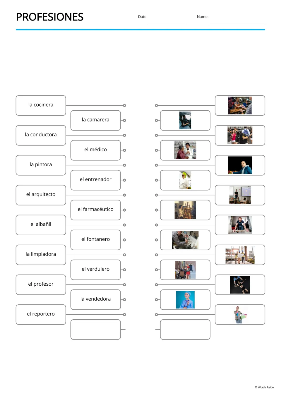 Spanish professions word-to-picture matching for 15 jobs, including el fontanero (plumber) and el médico (doctor)
