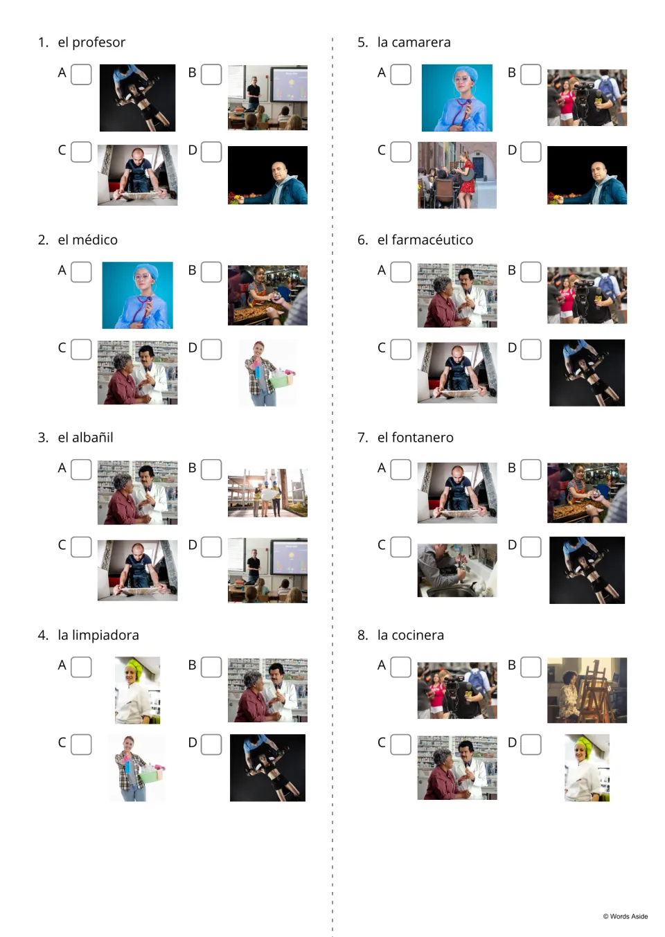 Spanish professions picture-choice quiz, items 1–8, including el profesor (teacher) and el albañil (mason)