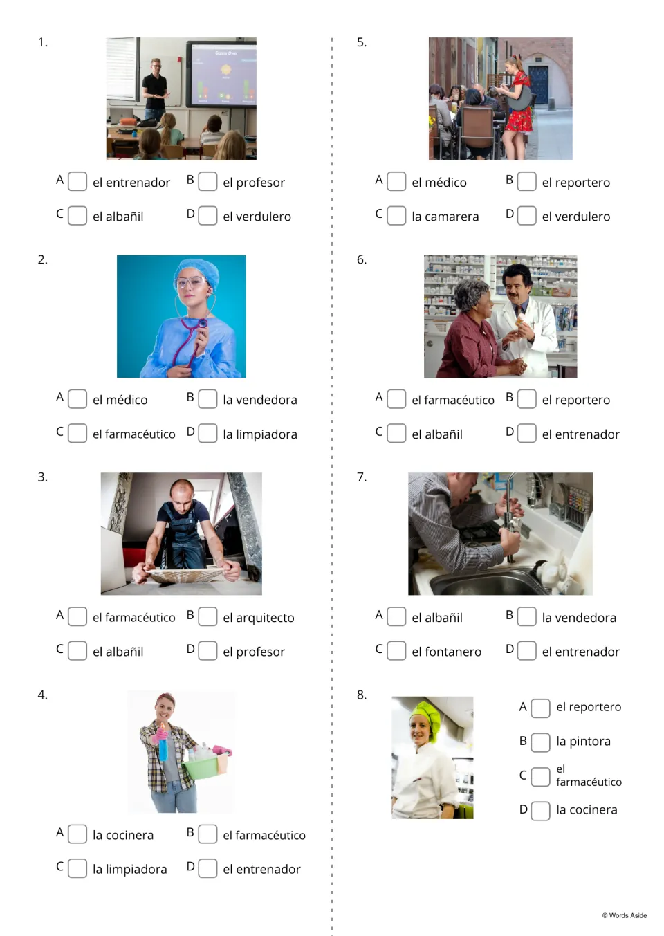 Spanish professions word-choice quiz, items 1–8, with photos of a teacher, doctor, mason, cook and four more