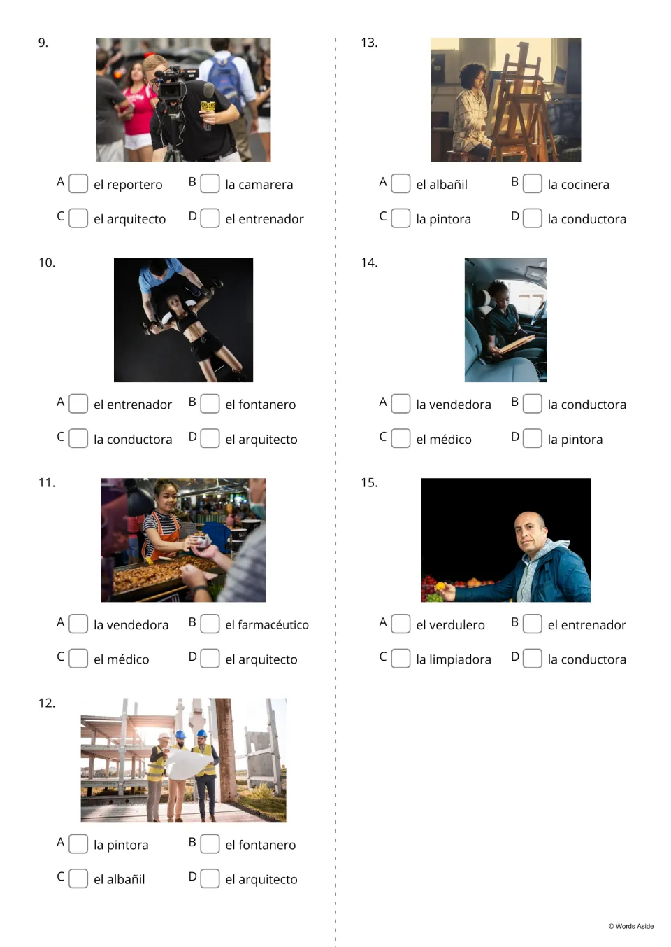 Spanish professions word-choice quiz, items 9–15, with photos of a reporter, trainer, painter and four more