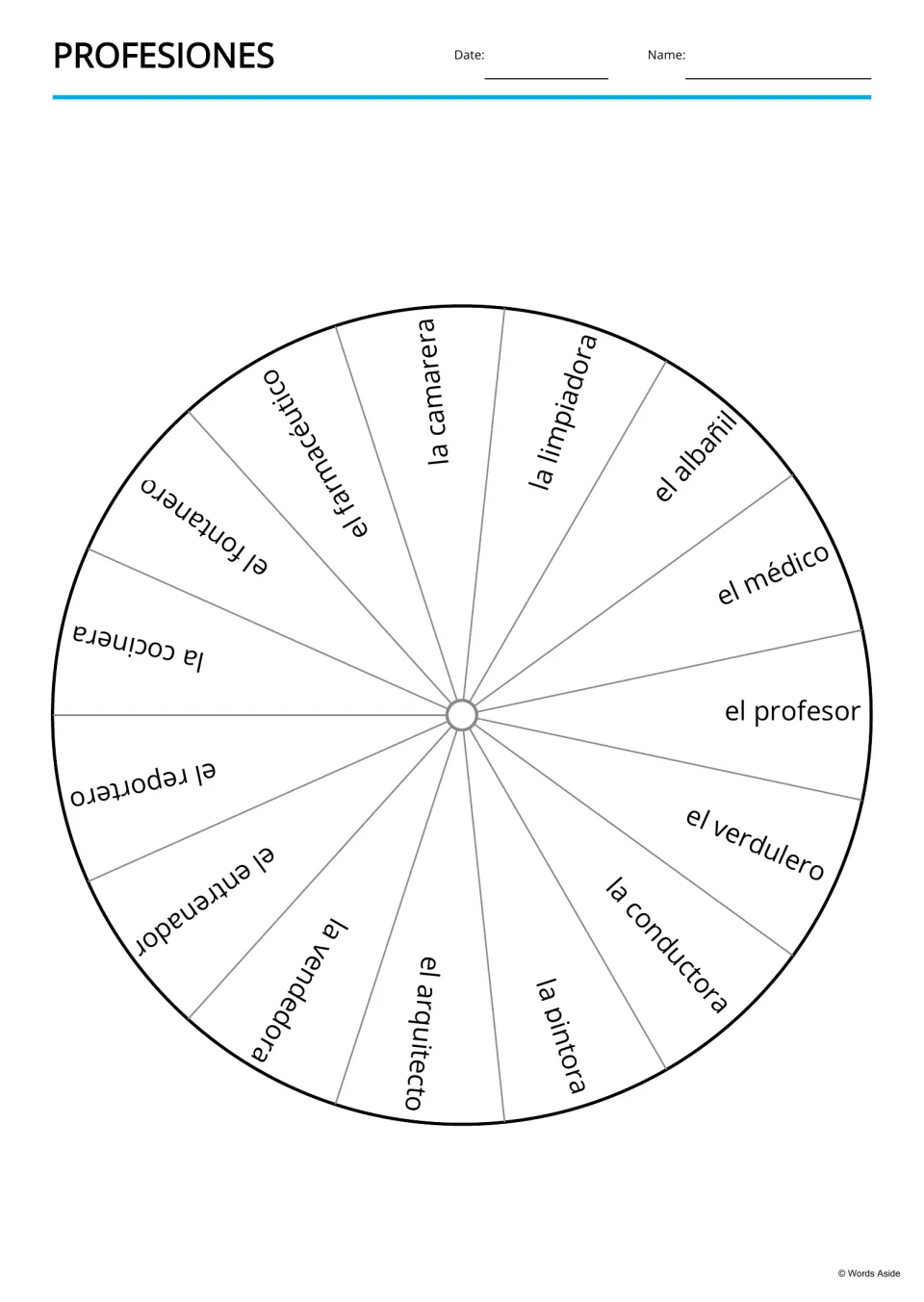 Spanish professions word wheel with 15 labels, including la camarera (waitress) and el arquitecto (architect)