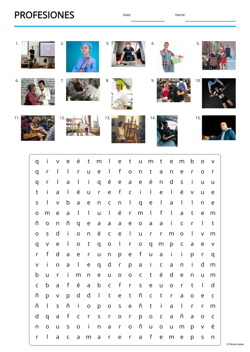 Spanish professions word search with 15 numbered photo clues, including a teacher, doctor, plumber and cook