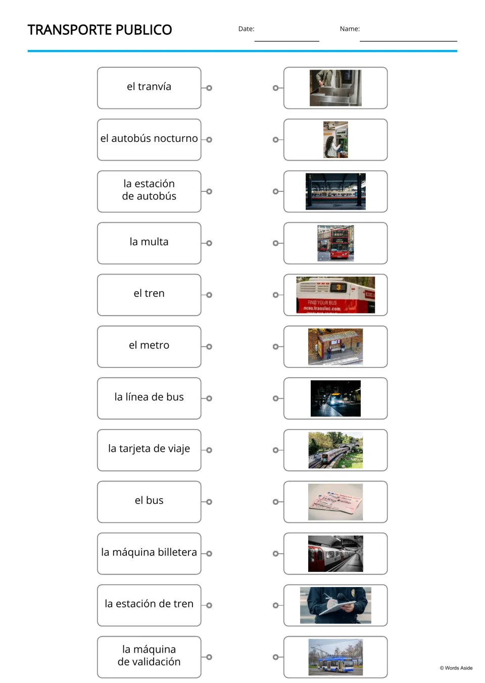 Spanish word-to-picture matching for 12 transportation terms, including la multa (fine) and el tren (train)