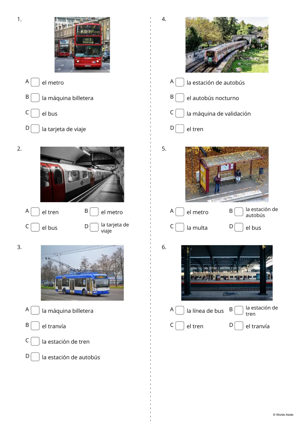 Spanish word-choice quiz, items 1–6: bus, subway, tram, train, bus station and train station photo prompts