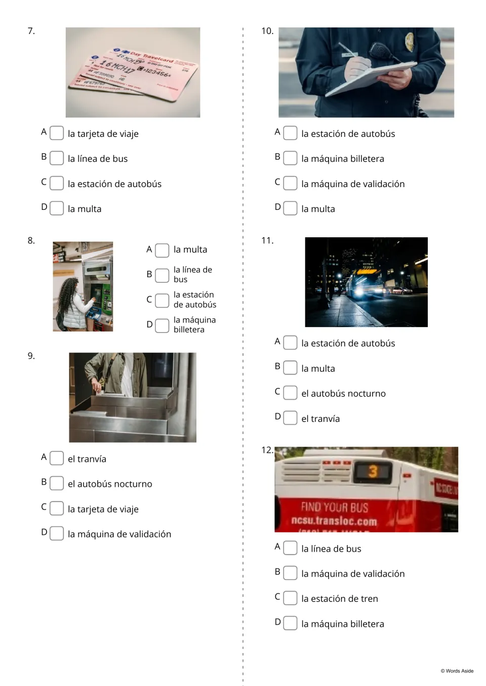 Spanish word-choice quiz, items 7–12: travel card, ticket machine, validator, fine, night bus and bus route