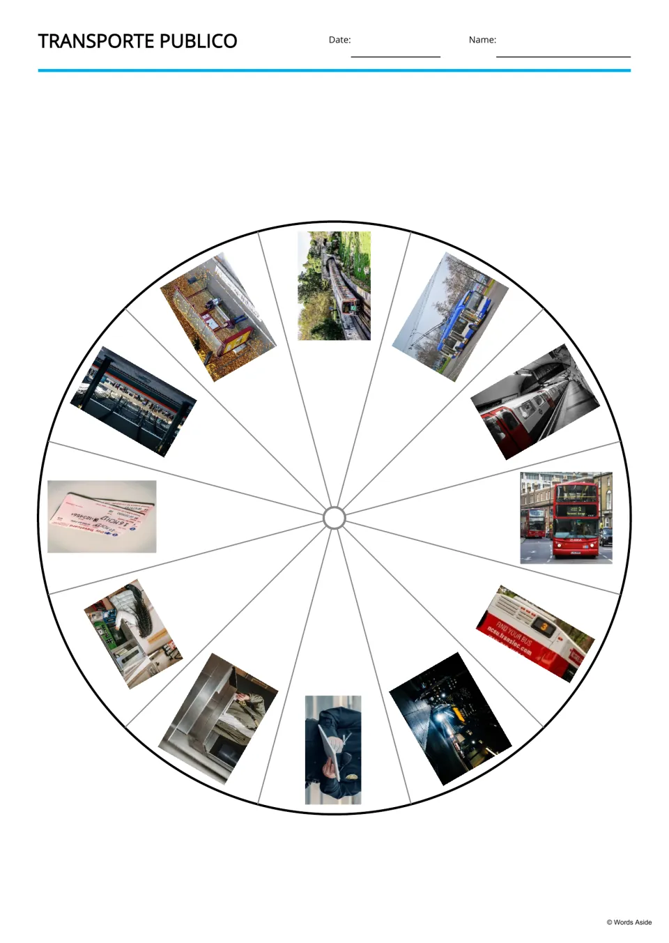 Spanish transportation picture wheel with 12 vocabulary photos, including a bus, train and travel card